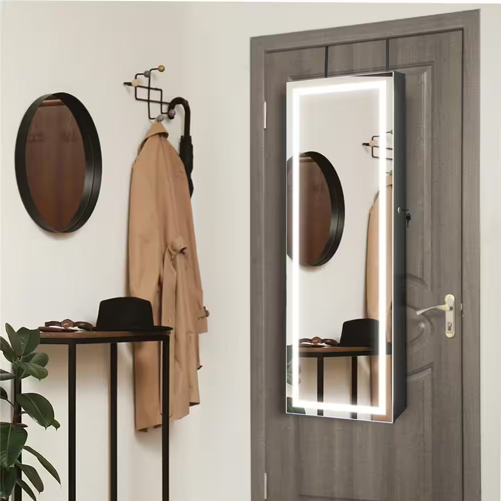 Door Wall Mount Touch Screen LED Light Mirrored Jewelry Box Cabinet Storage Lockable