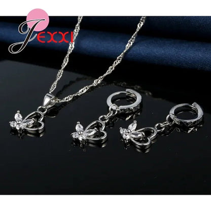 925 Sterling Silver Jewelry Set CZ Diamond Love Heart With Pretty Butterfly Pendant Necklace & Earring Wedding Party Decoration