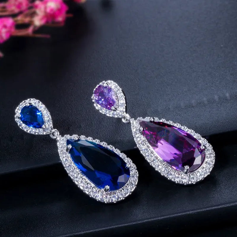 GLORIYA Luxury Wedding Party Jewelry Romantic Purple Crystal Big Tear Drop Earrings For Bridal Dress Accessories