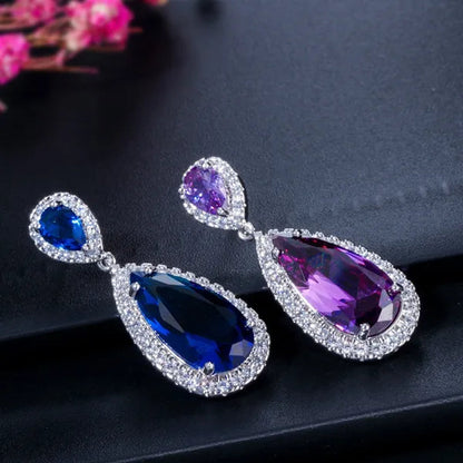 GLORIYA Luxury Wedding Party Jewelry Romantic Purple Crystal Big Tear Drop Earrings For Bridal Dress Accessories