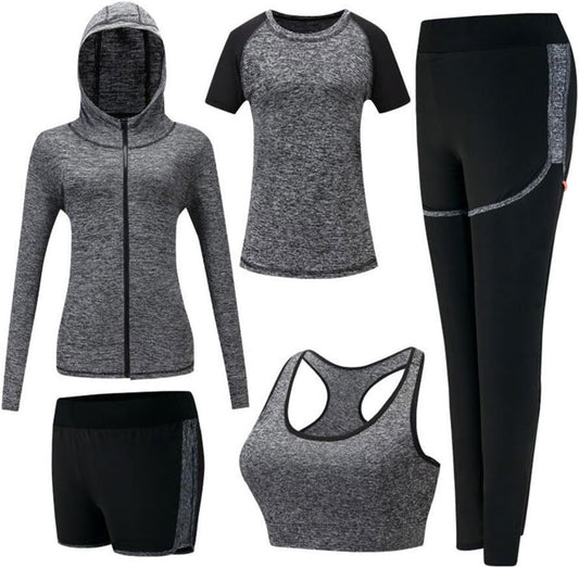 Women'S 5Pcs Sport Suits Fitness Yoga Running Athletic Tracksuits