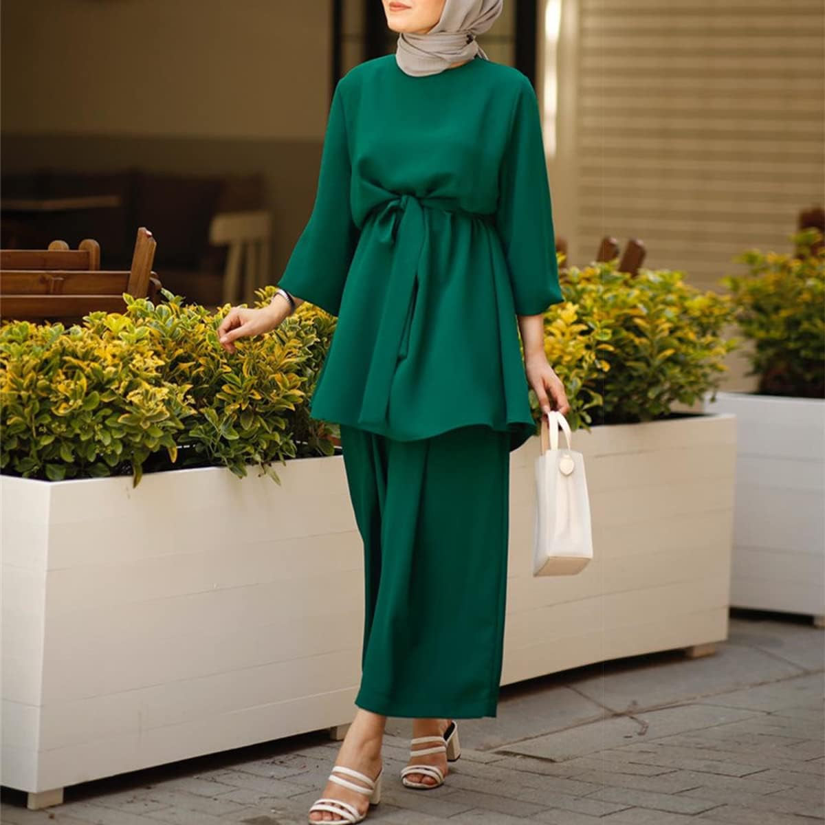 Abayas for Women Muslim Long Sleeve Loose Top Pants 2 Pcs Dubai Islamic Muslim Clothes