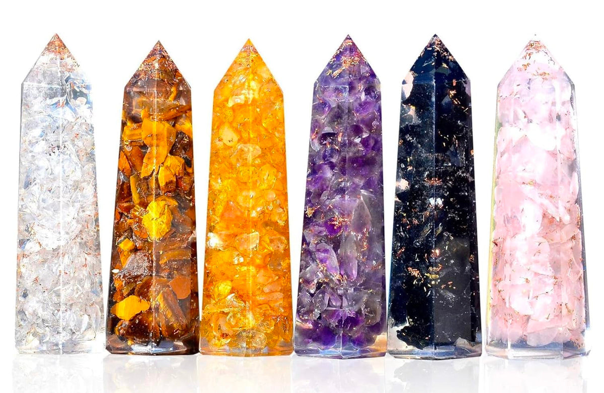 Healing Crystal Wand Set of 6 Orgonite – Includes 3” Amethyst Crystal, Tigers Eye, Rose Quartz, Black Tourmaline Stone, Citrine and Clear Quartz Orgone Crystal plus Black Tourmaline Necklace