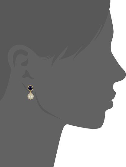 18K Gold Plated Sterling Silver Created Blue Sapphire and Freshwater Cultured Pearl Drop Stud Birthstone Earrings