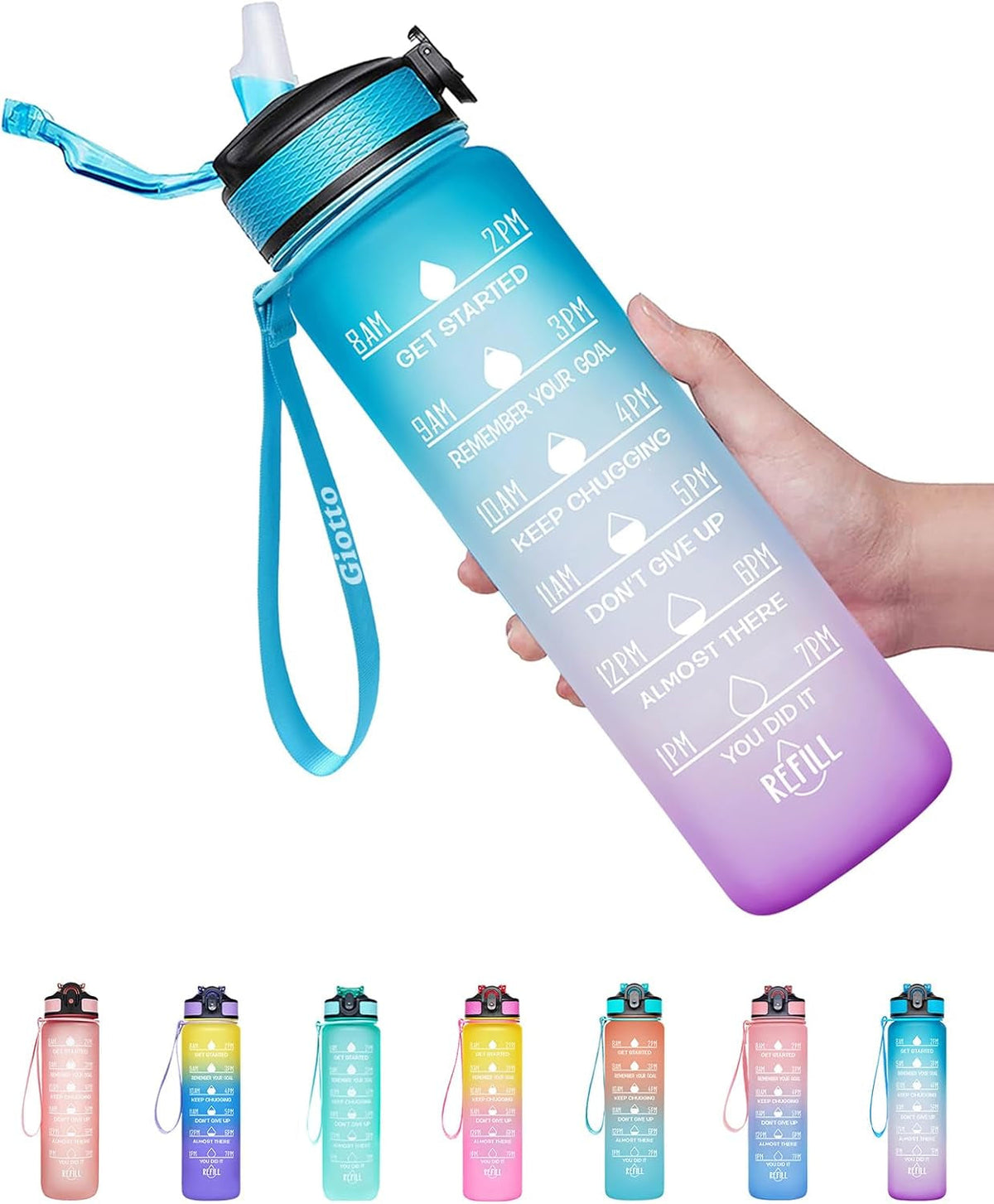32Oz Large Leakproof BPA Free Drinking Water Bottle with Time Marker and Straw to Ensure You Drink Enough Water Throughout the Day for Fitness and Outdoor Enthusiasts