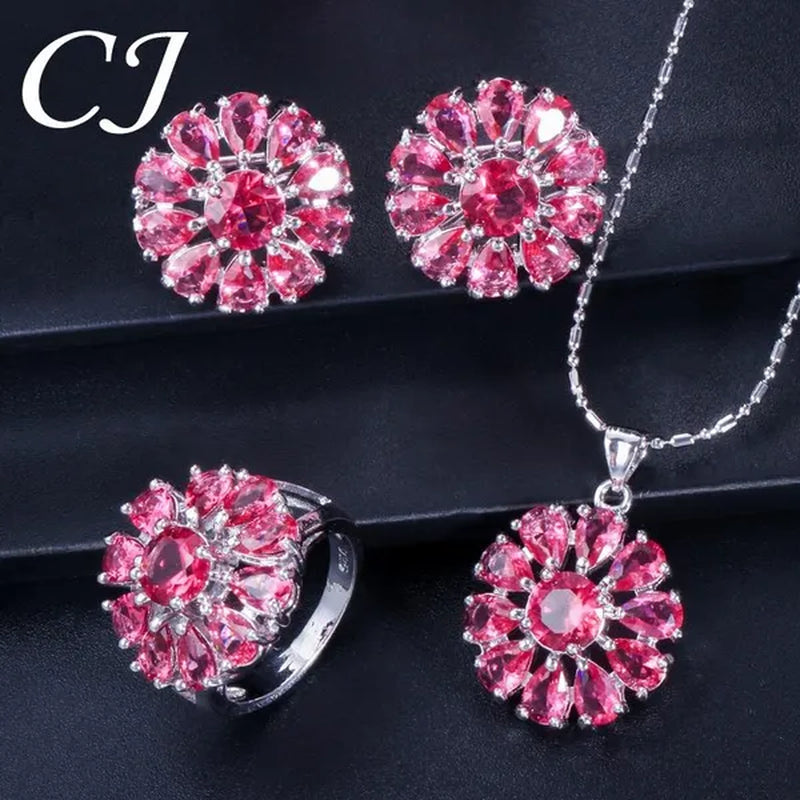 CANDICE Elegant Flower Jewelry Set Paved Green Stones Fashion Sterling Silver Plated Pendant Necklace Earrings Ring Sets