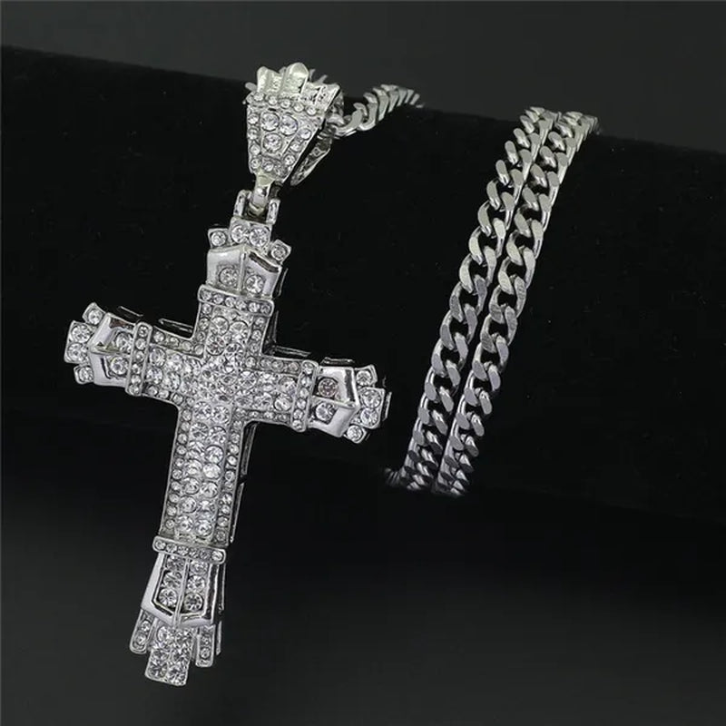 Diamond Miami Cuban Link 24K Gold / 925 Silver Plated Cross Pendant Stainless Steel Hip Hop Necklace
