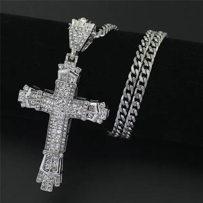 Diamond Miami Cuban Link 24K Gold / 925 Silver Plated Cross Pendant Stainless Steel Hip Hop Necklace