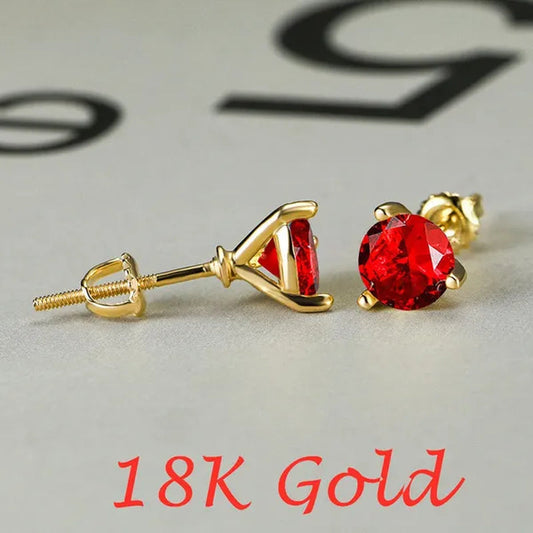 18K Gold Three-Prong Martini Round Ruby Stud Earrings Bride Wedding Engagement Jewelry Gifts 7mm/8mm