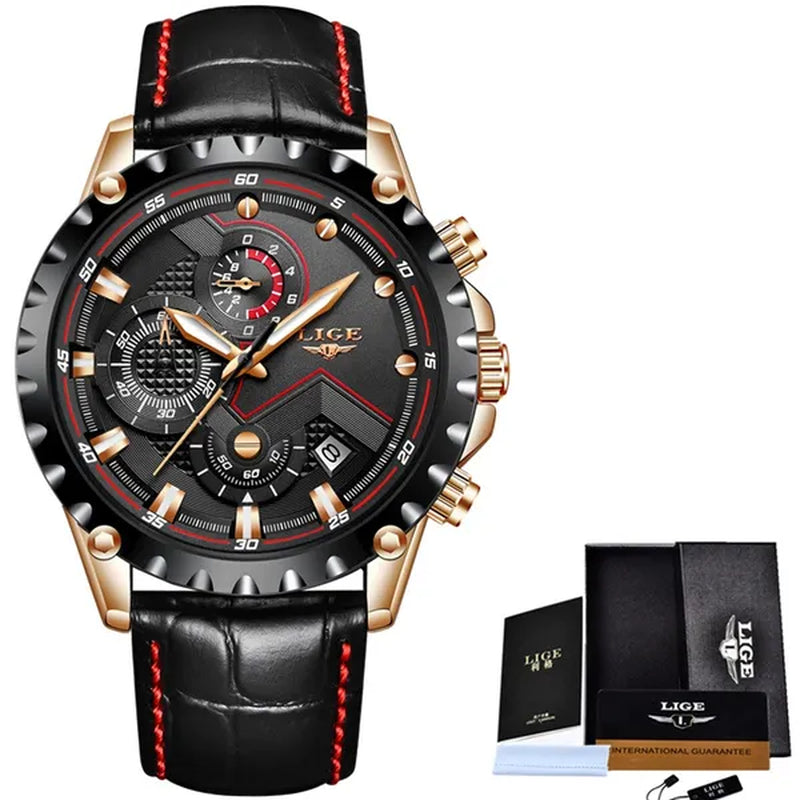 LIGE Mens Watches Top Brand Luxury Quartz Gold Watch Men Casual Leather Military Waterproof Sport Wrist Watch Male Fashion Clock