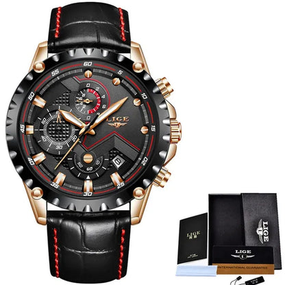 LIGE Mens Watches Top Brand Luxury Quartz Gold Watch Men Casual Leather Military Waterproof Sport Wrist Watch Male Fashion Clock