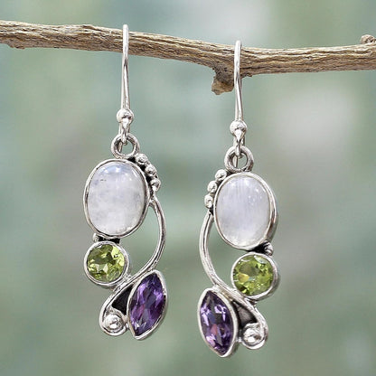 Artisan Handcrafted Multigemstone Dangle Earrings | .925 Sterling Silver Handmade Dangle Earrings | Rainbow Moonstone Clear Green Multicolor Purple Dangle Earring | Natural Glamour Themed