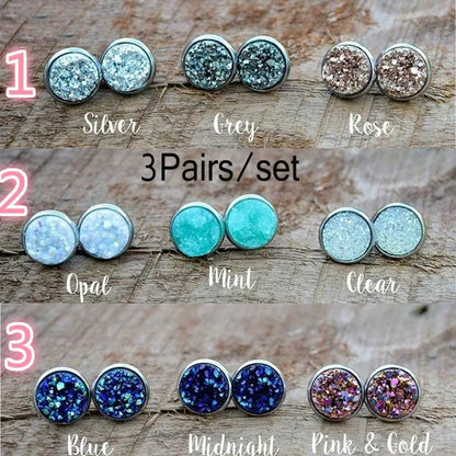 3pairs Vintage Stainless Natural Gemstones Opal Druzy Stud Earring Set 925 Sterling Silver Hypoallergenic Engagement Wedding Studs Earrings Bridesmaid Jewelry Gifts