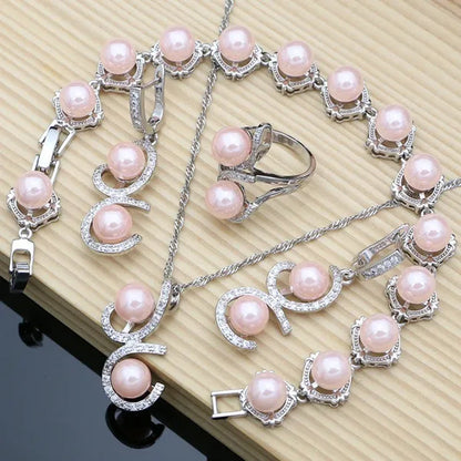Luxury Silver 925 Jewelry Sets for Women Shiny Pink Pearl Bracelet Topaz Earrings Ring Necklace Sets Gift for Her Dropshipping