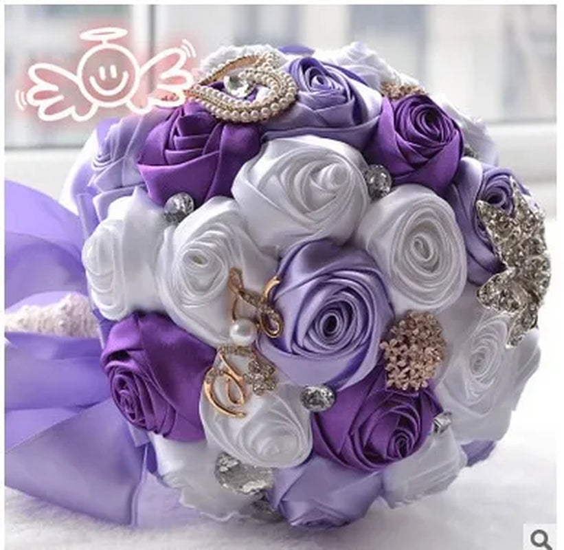 21CM Satin Ribbon Roses Wedding Bouquet Pearl Crystal Brooch Bride Holding Flowers Artificial Rose Wedding Flower Bridesmaid Bouquet. Multi-color Optional