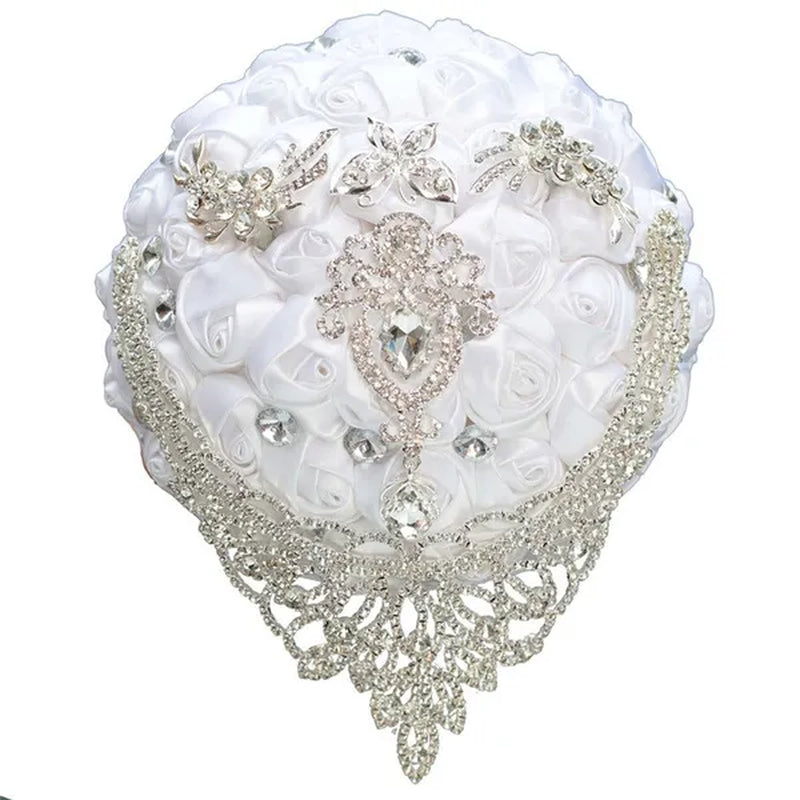 Creative Design Shiny Rhinestone Tassel Bridal Bouquet Artificial White Silk Rose Wedding Flower Bouquet Crystal Brooch Ribbon Bridesmaid Bouquet 3 Size Optional