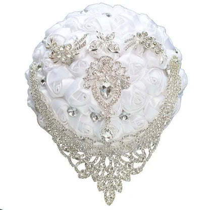 Creative Design Shiny Rhinestone Tassel Bridal Bouquet Artificial White Silk Rose Wedding Flower Bouquet Crystal Brooch Ribbon Bridesmaid Bouquet 3 Size Optional