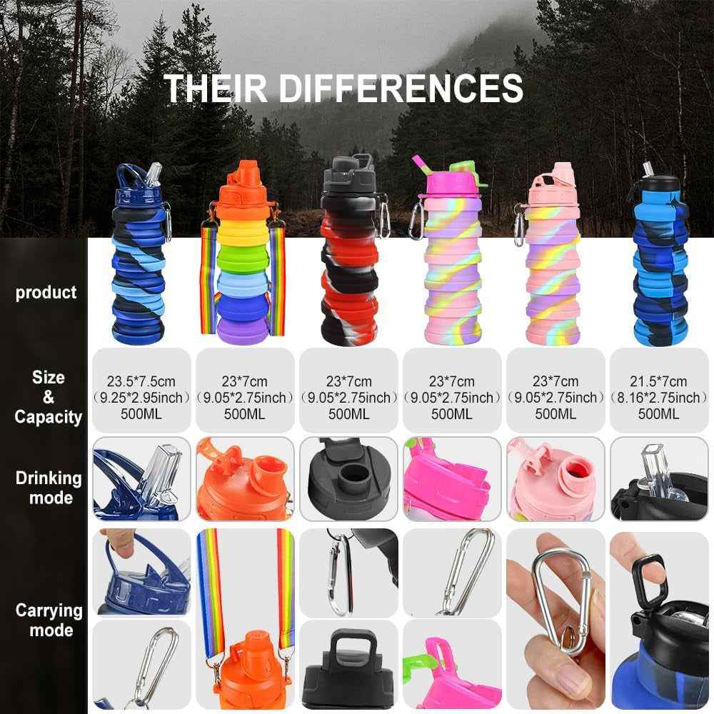 2Pack Silicone Collapsible Water Bottles, Leakproof 16Oz Portable Foldable Expandable Water Bottle Sports Cups with Straw,Bpa Free, for Outdoor Gym Travel(Blue+Rose Red)