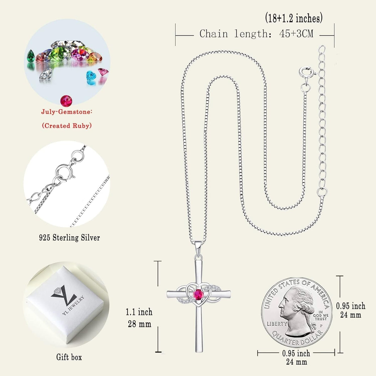 Women'S Cross Necklace Sterling Silver Infinity Heart Crucifix Pendant Birthstone Criss Jewelry