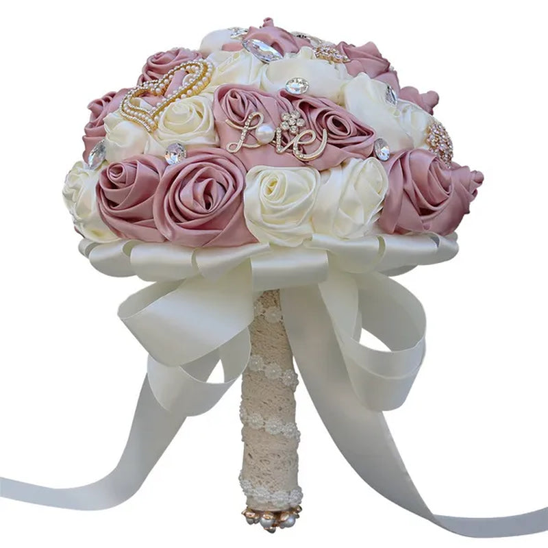 21CM Silk Rose Wedding Flower Bouquet Pearl Rhinestone Brooch Bouquet Bride Bridesmaid Holding Flowers Wedding Party Shooting Props
