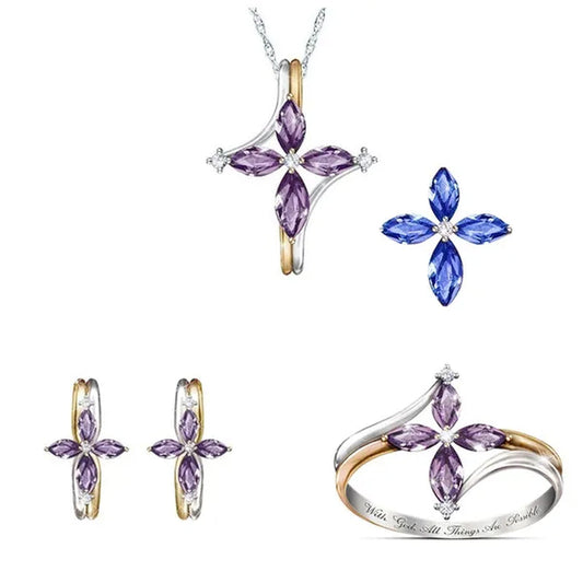 Exquisite 925 Sterling Silver Goldplated Natural Sapphire Amethyst Cross Ring Earrings Necklace Bride Princess Wedding Engagement Birthstone Jewelry Set Ring Size 5-10