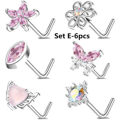 5/6Pcs 20G Nose Rings Stud L Shape Nose Rings Cubic Zirconia Butterfly Flower Eye Moon Heart Shape Nose Studs Piercing Jewelry for Women Men
