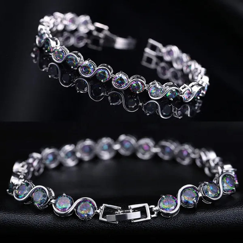 Gloriya Perfect Round Cut Mystic Rainbow Crystal Bangle Bracelets for Cocktail Party Lady Fashion CZ Silver Plated Jewelry Gifts