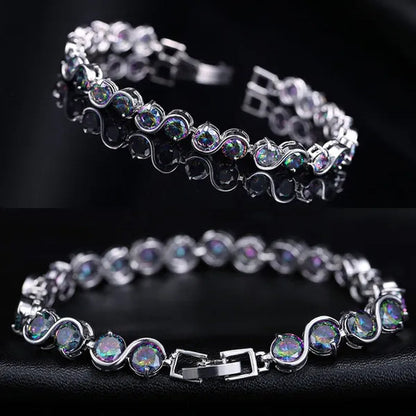 Gloriya Perfect Round Cut Mystic Rainbow Crystal Bangle Bracelets for Cocktail Party Lady Fashion CZ Silver Plated Jewelry Gifts