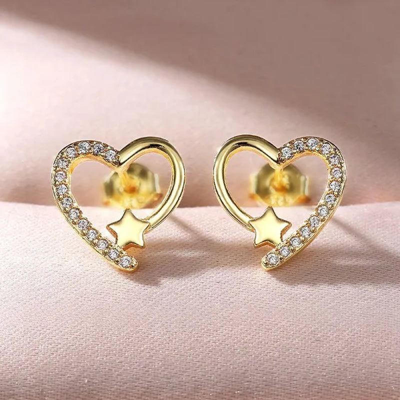 NEW Gold  Love Heart Star White Sapphire Diamond Stud Earrings for Women Wedding Engagement Bride Jewelry Gift