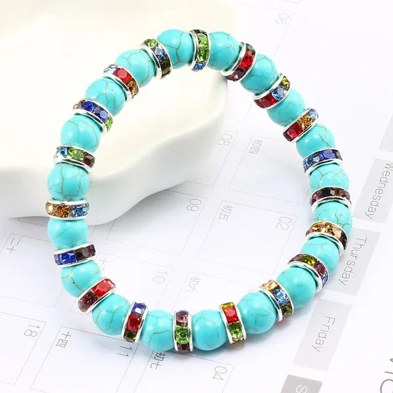 Blue turquoise and green point hand natural Vintage bracelet rhinestone rope men's and women's elastic casual bracelet prayer yoga pendant jewelry