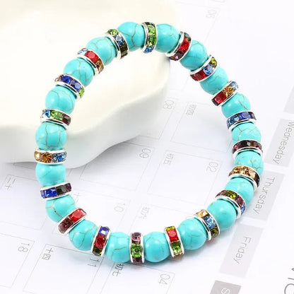 Blue turquoise and green point hand natural Vintage bracelet rhinestone rope men's and women's elastic casual bracelet prayer yoga pendant jewelry
