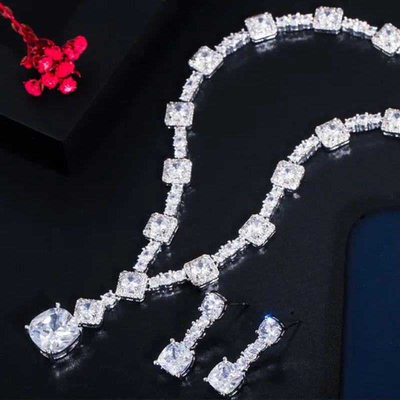 CANDICE Fashion Modern Bridal Party Jewelry White Cubic Zirconia with Exquisite Red Stone Square Drop Necklace Earrings Set for Brides
