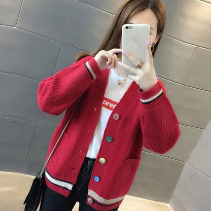 New Fashion Pull Femme Autumn and Winter Wool Pure Cashmere Sweater Cardigan Pullovers Long Sleeve Women Striped Stitching Color Knitted Cardigans Pullover Damen Jumper Outwear Coat