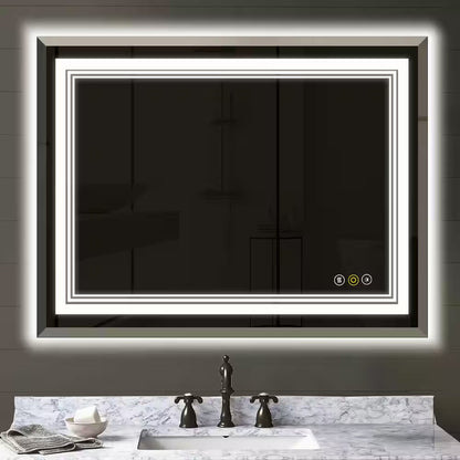 RS 48 In. W X 36 In. H Rectangular Beveled Edge 3 Colors Dimmable LED Anti-Fog Memory Wall Mount Bathroom Vanity Mirror