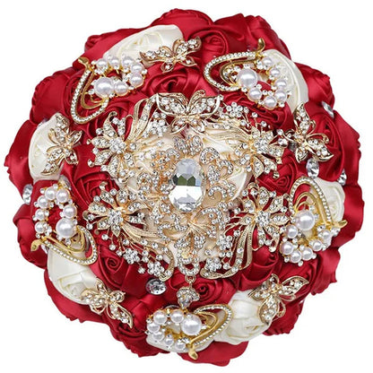 8 Inch Wine Red & Milk White Bridal  Bouquets Artificial Satin Rose Gold Diamond Brooch Bride Holding Flowers Party Valentine Bouquet