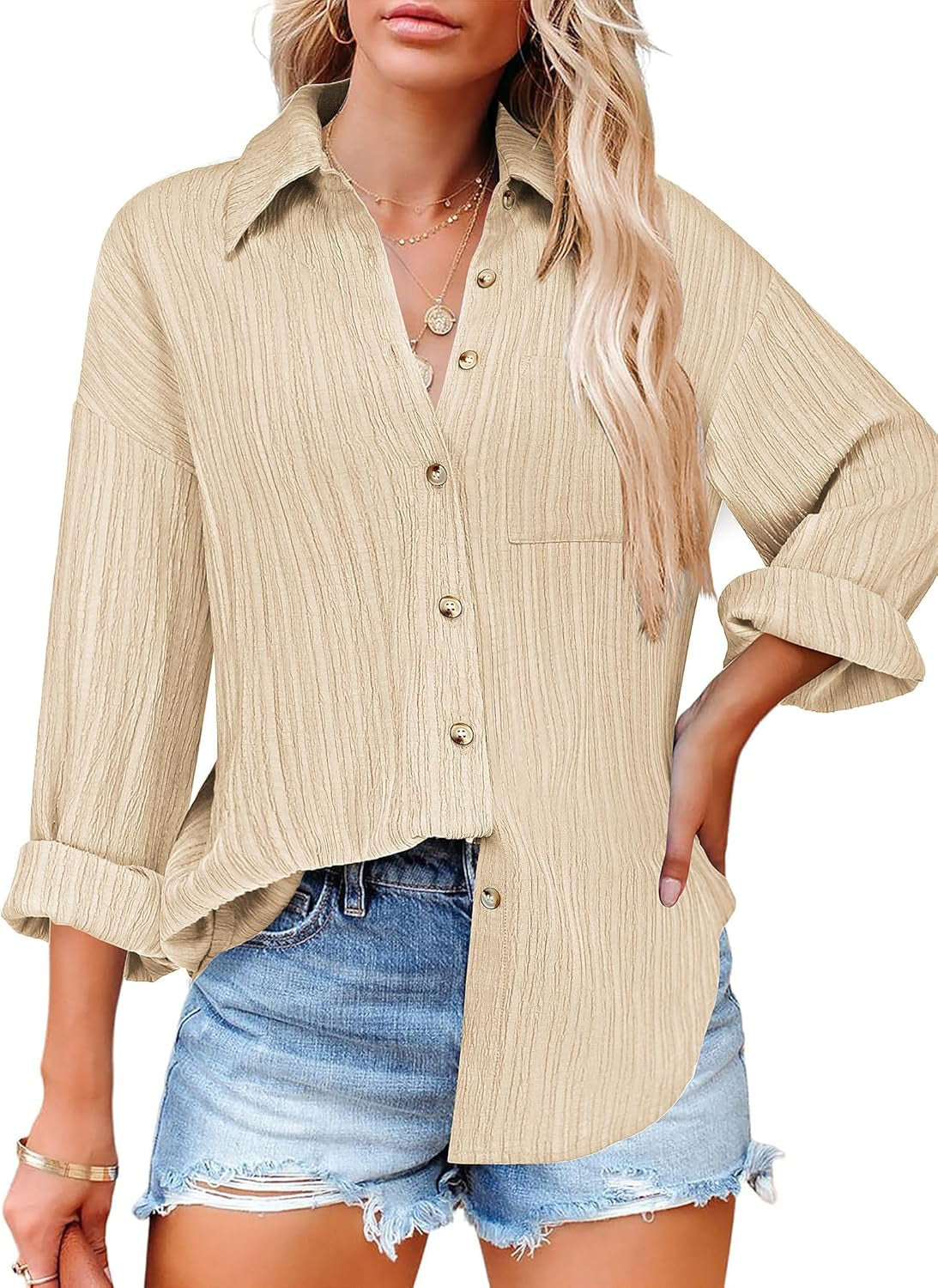 Women'S Button down Shirts Long Sleeve Blouses Dressy Casual Tops Business V Neck Work with Pocket