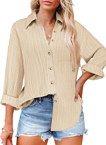 Women'S Button down Shirts Long Sleeve Blouses Dressy Casual Tops Business V Neck Work with Pocket