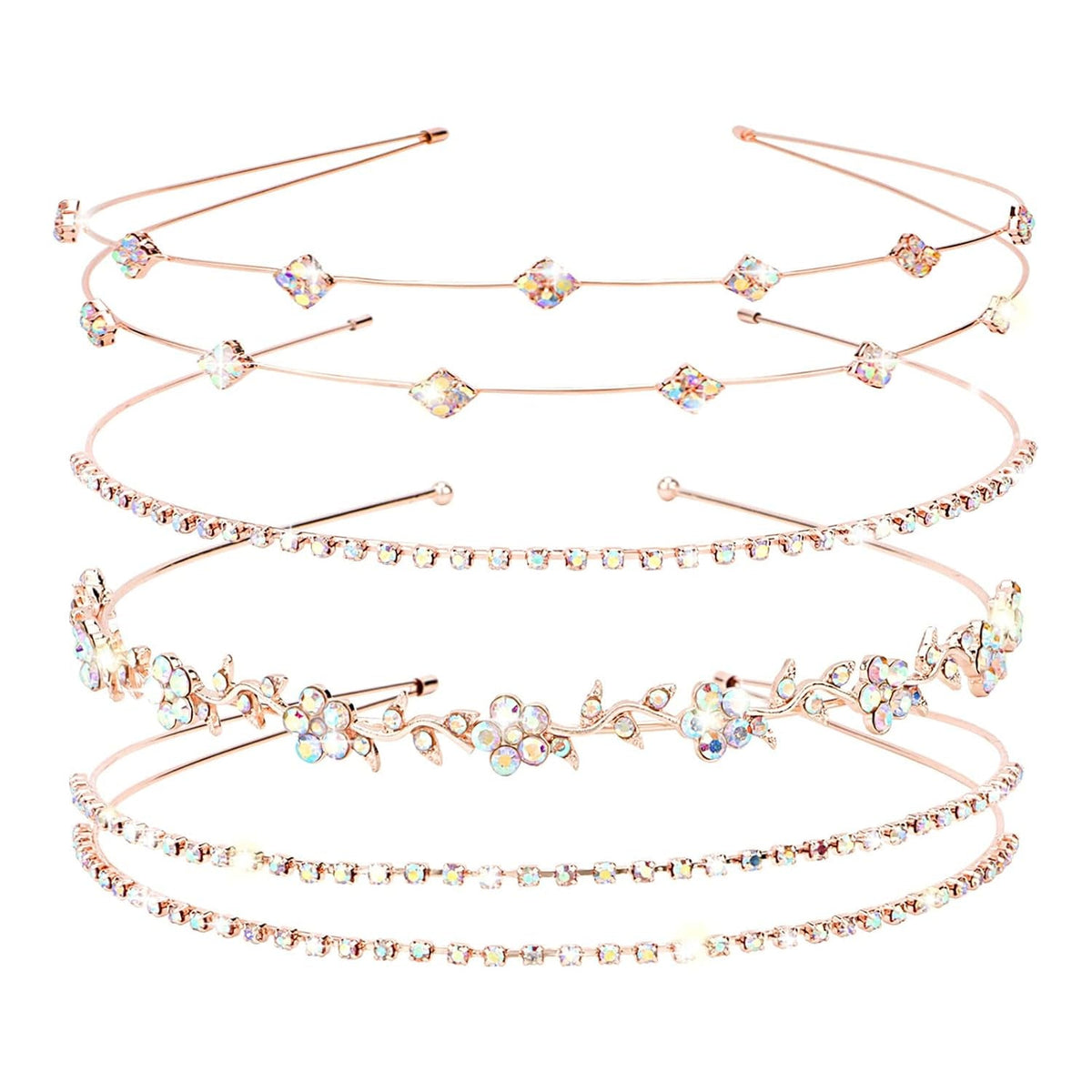 Rose Gold Bridal Headband 4 Pieces Rhinestone Headbands AB Crystal Flower Girl Leaves Crown Head Band Tiara Wedding Hair Accessories