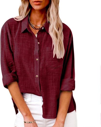 Women Cotton Linen Summer Tops Button down Shirts Dressy Causal Long Sleeve Gauze Blouses Trendy Boho Clothes 2024