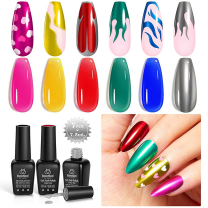 Beetles Gel Nail Polish Set, 6 Retro Colors Old School Collection Soak Off UV Gel Polish Red Yellow Blue Orange Green Gel Polish Nail Art Design Spring Manicure Kit Salon DIY Gifts for Women Girls