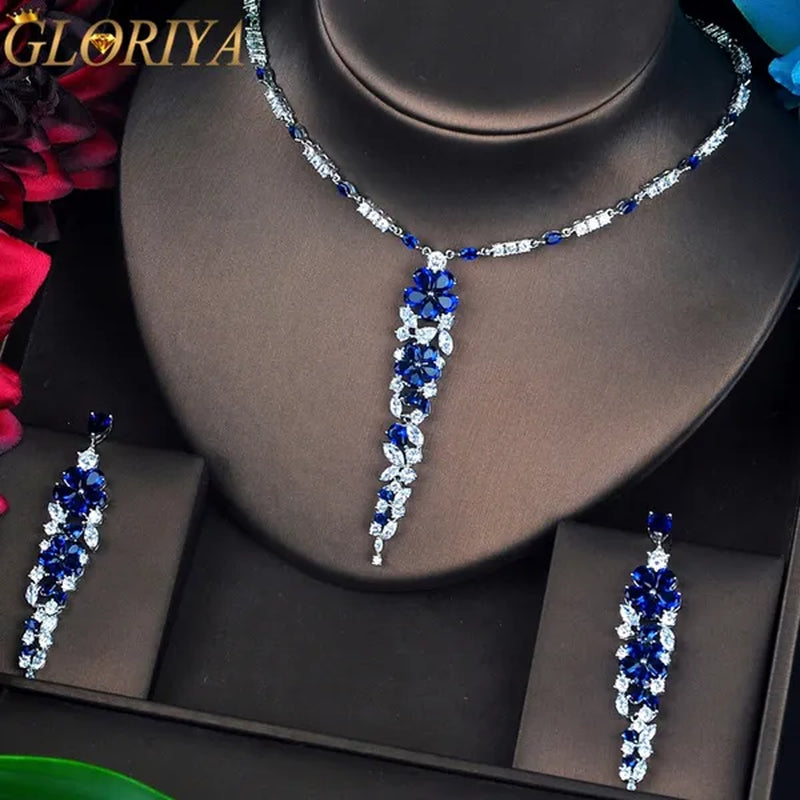 Gloriya Luxury White Gold Plating Blue CZ Flower Jewelry Bridal Wedding Long Pendant Necklace Earrings Set for Brides