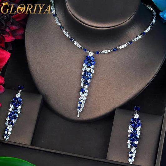 Gloriya Luxury White Gold Plating Blue CZ Flower Jewelry Bridal Wedding Long Pendant Necklace Earrings Set for Brides