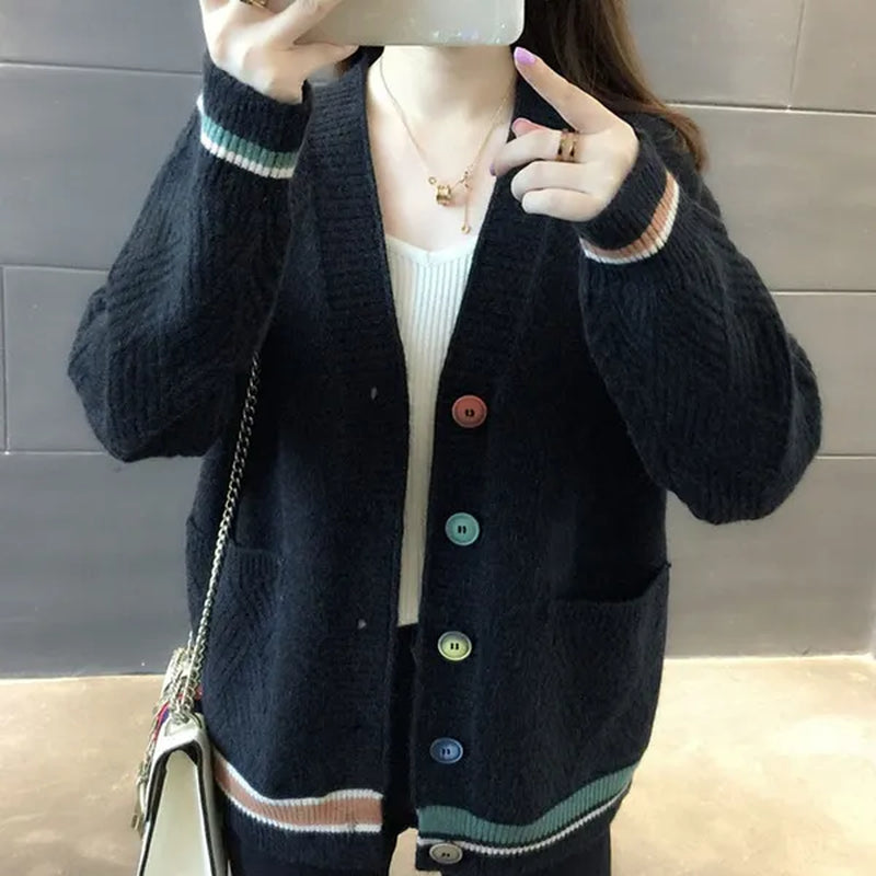 New Fashion Pull Femme Autumn and Winter Wool Pure Cashmere Sweater Cardigan Pullovers Long Sleeve Women Striped Stitching Color Knitted Cardigans Pullover Damen Jumper Outwear Coat