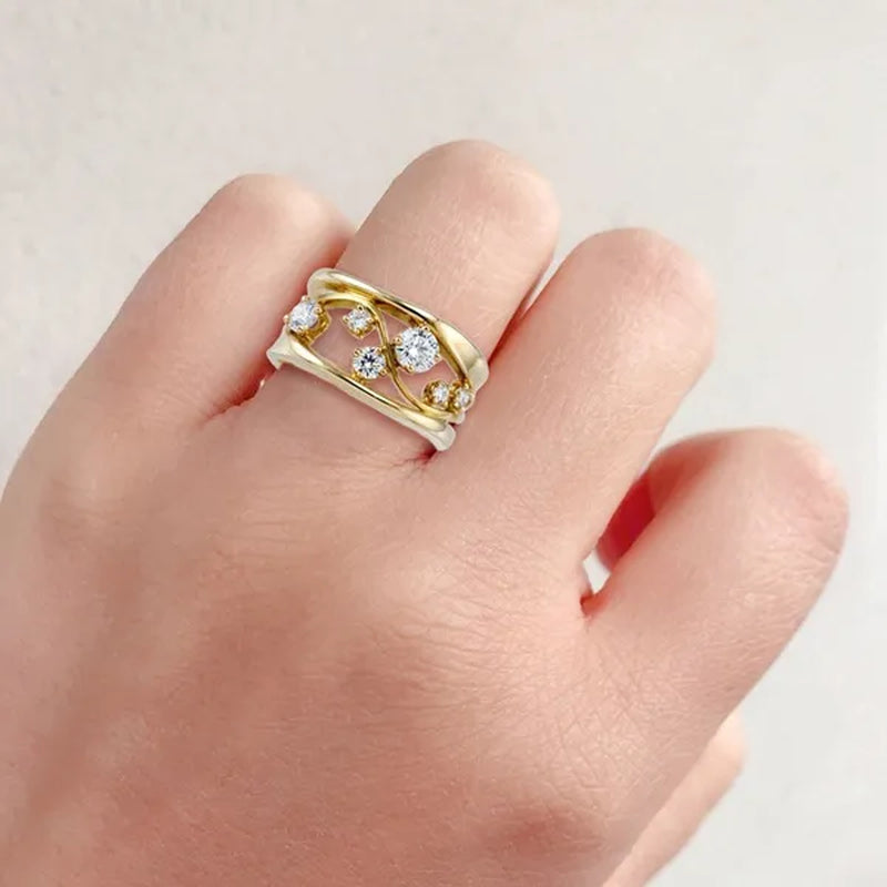 24K Solid Gold 6 Sparkling Diamond Rings Super Bride Engagement Wedding Rings Band Anniversary Birthday Christmas Jewelry Size 5-12
