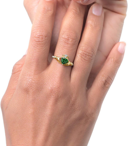 10K Yellow Gold 6MM Heart Shape Gemstone Birthstone and White Diamond Irish Celtic Claddagh Engagement Ring | Gold Ring for Women | Available in Size 5, 6, 7, 8, 9