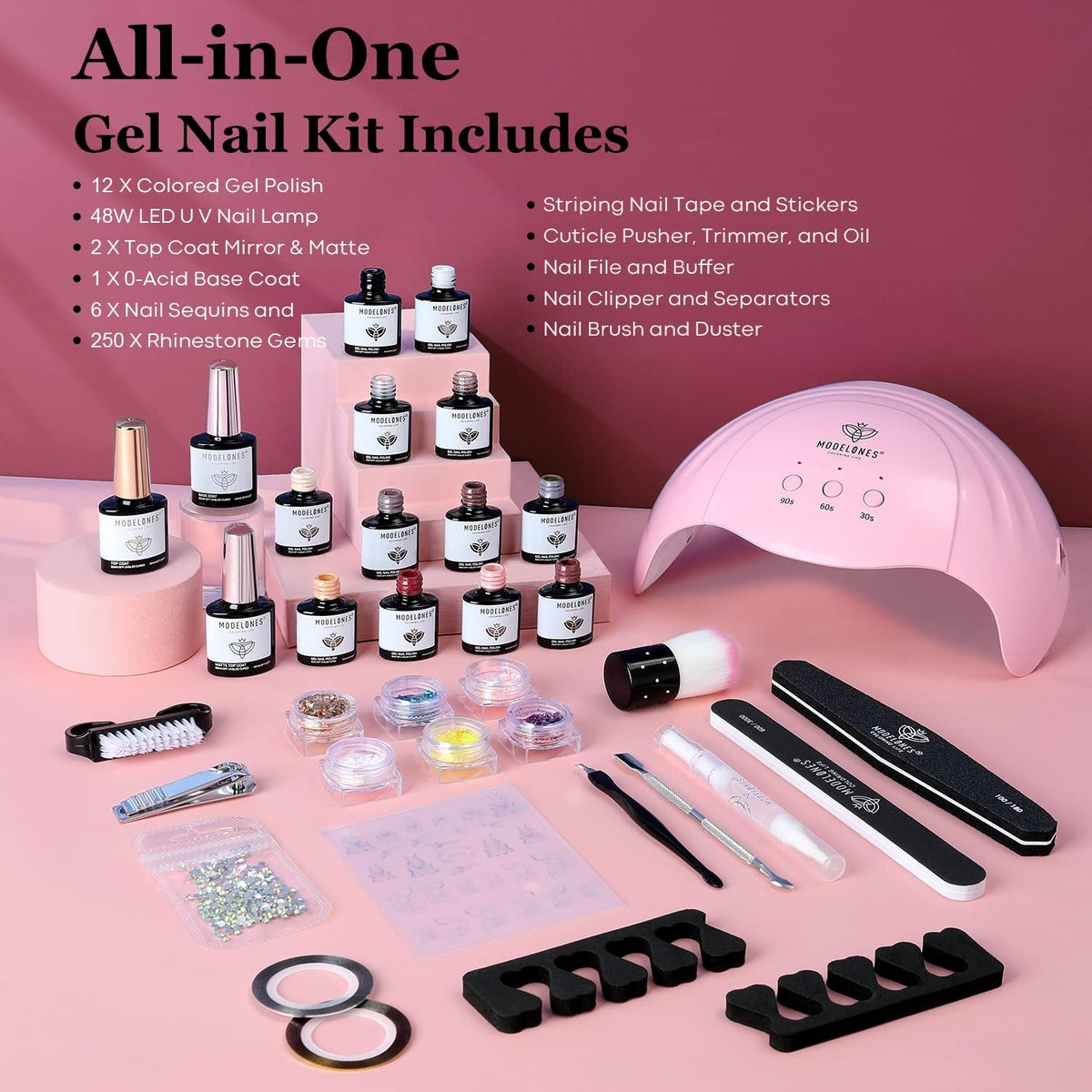 35 Pcs Gel Nail Polish Kit with U V Light 48W Nail Lamp - 12 Colors Nude Pink Gray Glitters Gel Nail Polish Set Glossy & Matte Base Top Coat Nail Art Decoration Manicure Tools Salon DIY Gift