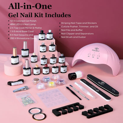 35 Pcs Gel Nail Polish Kit with U V Light 48W Nail Lamp - 12 Colors Nude Pink Gray Glitters Gel Nail Polish Set Glossy & Matte Base Top Coat Nail Art Decoration Manicure Tools Salon DIY Gift