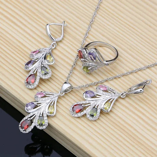925 Silver Bridal Jewelry Sets Multicolor Topaz Charm for Women Party Plant Design Ring Bracelet Set