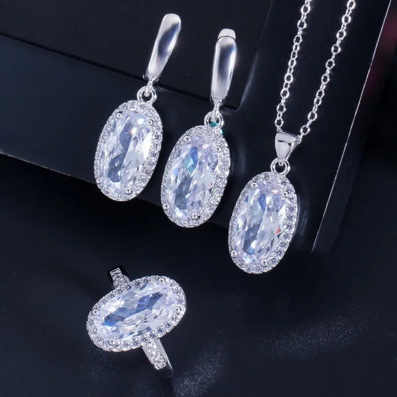 Gloriya Brand 925 Sterling Silver Bright Oval Yellow Topaz Crystal with White CZ Pendant Necklace Earrings and Ring Set for Women Gorgeous Cocktail Party Jewelry Sets