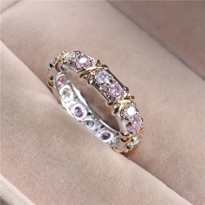 Brand Jewelry Lady's 925 Sterling Silver pink Tanzanite Couple rings Yellow Gold Cross Eternal Wedding Ring for Women